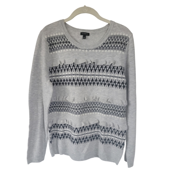 Talbots Gray Black Fair Isle Ruffle Sweater L Lambswool Nordic Cozy - Picture 8 of 13